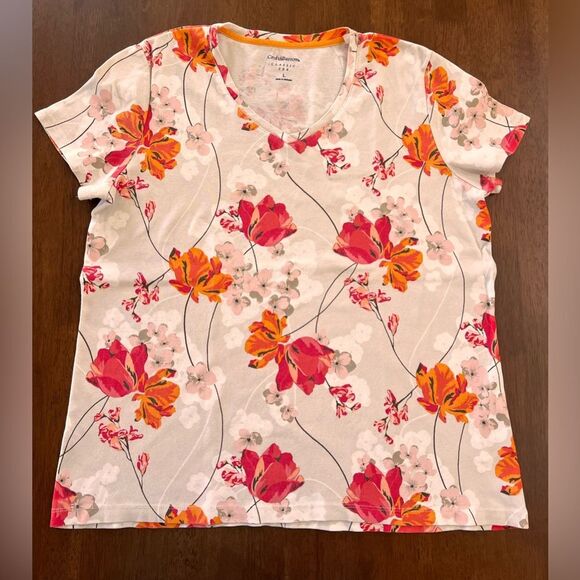 Croft & Barrow White Orange Floral V-Neck 100% Cotton Tee Shirt Women’s L - Picture 2 of 6